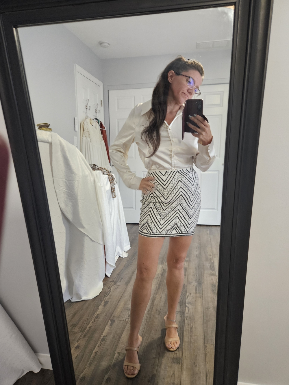 White and Black Chevron Beaded Mini Skirt